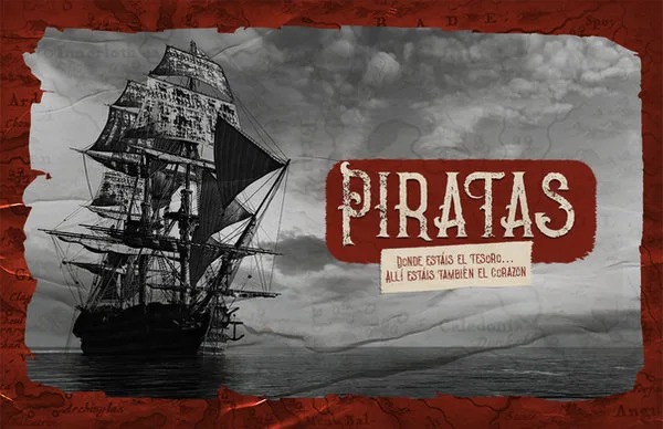Piratas title artwork featuring an illustrated ship and textured lettering